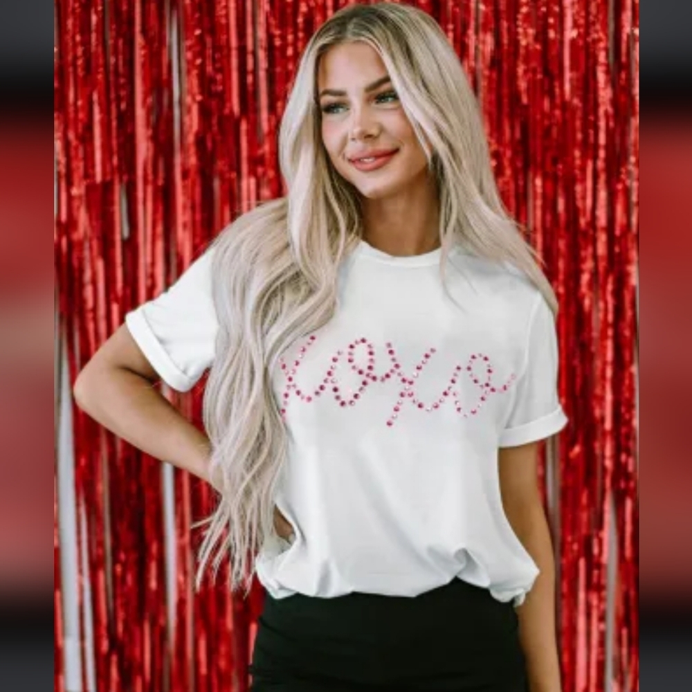 ๐ Last Two!! White Rhinestone XOXO Valentine Tee - Picture 4 of 5